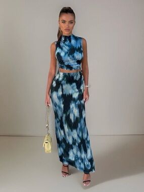 Abercrombie & Fitch Mock-Neck Blouse Maxi-Skirt Set Blue Watercolor Print Small